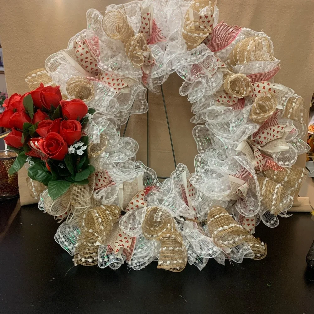Festive White and Gold Holiday Wreath with Red Accents
